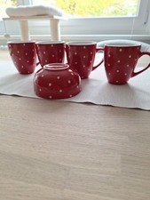 4 Kaffee - oder Teebecher  plus Müslischale in Rot mit weißen Punkten