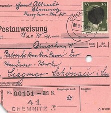 891653) SBZ Postanweisung mit AP 794 I aus Chemnitz nach Siegmar-Schönau