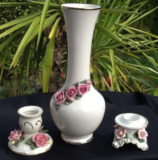 Dresden + Kaiser Porzellan Vase & Kerzenleuchter aufgesetzte Rosen Rosendekor