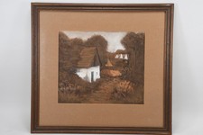 N92S85- Pastell Gemälde Heidelandschaft mit Siedlung undeutlich signiert 