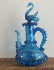 Wunderschöner blauer Vintage Deko Glas/Kristall Ölkrug mit Schwanenaufsatz