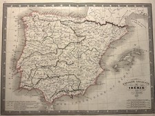 ANTIKE IBERIE SPANIEN LANDKARTE 1847 100% ORIGINAL  STAHLSTICH DRUCK ESTAMPE RAR
