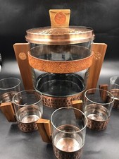 Bowleset Glastopf Träger & Deckel aus Messing Holzgriffe Vintage 5 Personen 