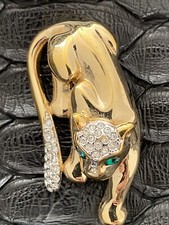 orig PIERRE LANG Panther Brosche Gold Swarovski Smaragd 