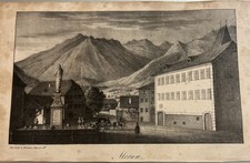 Merano – Anzeigen Mit Mariensäule E Marktplatz – Südtirol 1828 Lithographie