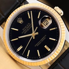 Rolex Herren Datejust 16233 Schwarzes Zifferblatt 18K Gold Stahl Uhr Mit / Leder