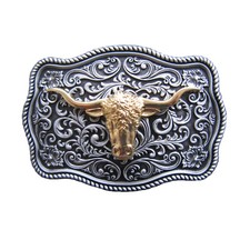 Edles Buckle mit Longhorn, 24 ct. Gold, Stierbulle, Western, Gürtelschnalle