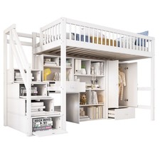 Hochbett Kinderbett 90x200cm mit Treppe, Schreibtisch und Kleiderschrank Weiß