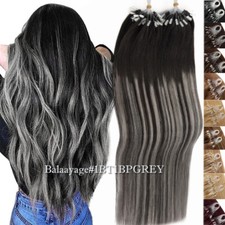 #1BT1BPGREY 200 Strähnen Microring Remy Echthaar Haarverlängerung Micro Loop Tip