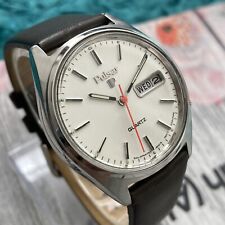 Pulsar Uhr Y513 Herren Vintage 1980 Silber Zifferblatt Tag Datum Stahl 36mm Gehäuse