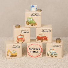 Spardose Fahrzeuge personalisiert Holz Name Geschenk Taufe Geburt Babybox