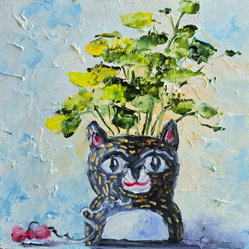 Katze pflanzen ölbild 15x15 - pflanzen,