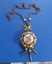 Tschechisches goldf. Vintage Collier Blumenanhänger aus Spitze Porzellaneinsatz