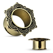 Flesh Tunnel Messing Edelstahl Plug Antik Gold IP Tribal Blume Rose Herren Damen