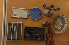 Teile für die Puppenstube - Kerzenständer, Schale, Cello , Besteck, Tablett