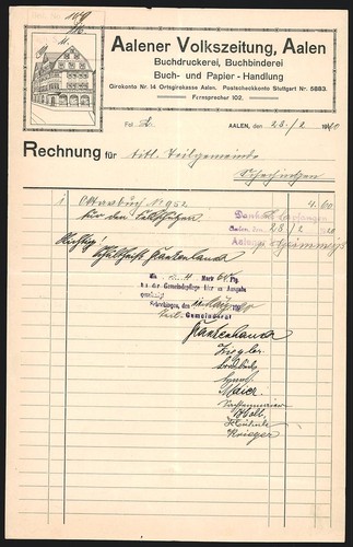Rechnung aalen 1920 aalener - rechnung,
