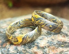 Trauringe Mokume Gane Gold 900 Palladium 500 Silber 925 Holzmaserung mit Augen