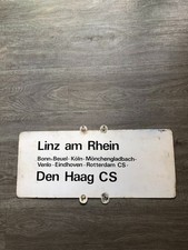 Zuglaufschild aus Metall:  Linz am Rhein-Den Haag CS / Köln-Linz am Rhein