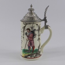 Jugendstil Porzellan Bierkrug Bodenbild dekoriert Sinnspruch Mädchen