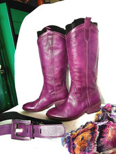 ITALY 3 tlg Set VERO CUOTO 37 Echt Leder Violett STIEFEL GÜRTEL HALSTUCH nS27