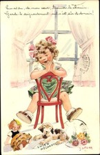 Künstler Ak Janser, Mädchen auf einem Stuhl, Puppe, Hund - 3538840