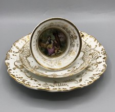 Antikes Gedeck j.P. Lupenmalerei Tee Tasse Teller Porzellan Geschirr Alt Gold