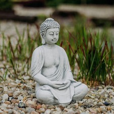 Buddha Tempelwächter Steinfigur 39 cm 12 kg Grau Weißbeton frostsicher