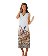 Hutschreuther Classic Damen Kleid lang Night Wear Lounge Wear Weiß Giraffe Print