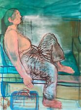 Malerin Brigitte Tietze Berlin Ölgemälde Weiblicher Akt mit Koffer am Sofa #318