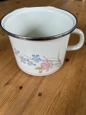 Milchtop Topf  Emaille weiss mit floralem Motiv neuwertig