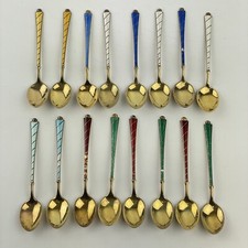 Vintage 16er Set dänische Mid Century massive silberne Emaille 9,3 cm Löffel