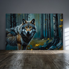 Wolf im Wald Poster Leinwand – Nordisches Tiermotiv Wandbild – Fantasy Deko