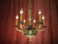 antiker Empire Kronleuchter Messing 6 Lampen original dunkler Grünlack Frankreic