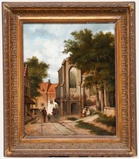 Gerahmtes Ölgemälde Aus Dem 19. Jahrhundert - Dorfstraßenszene.