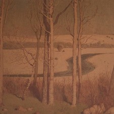 Richard von Volkmann Vorfrühling Landschaft Fluß signiert Lithografie 1898