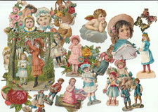 Oblaten Scraps die cut Glanzbilder  Konvolut Kinder Mädchen Blumen alles alt