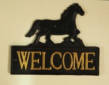 Welcome Schild gußeisern Pferd groß ca. 19 x 16cm Tür Stall Home schwarz gold  