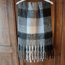 Dicker Wollschal Mit Fransen Weiß-schwarz-grau Kariert