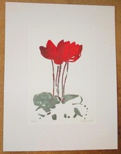 Oskar Koller handsignierte Farb Lithographie einer roten Blume aus 1992