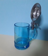 Pressglas antik .Kinderbecher  blau, mit Zinndeckel 