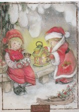 Postkarte Lisi Martin Kinder im Schnee mit Hund & Laterne im Rahmen - signiert