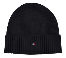 TOMMY HILFIGER - STRICKMÜTZE FLAG BEANIE - BAUMWOLLE KASCHMIR - SCHWARZ - NEU