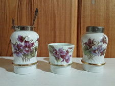 3 tlg. VEILCHEN -Set Senf, Salz, Pfeffer JUGENDSTIL, echt antik