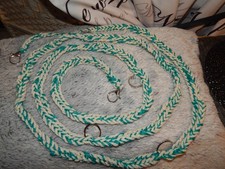 leichte HUNDELEINE*freie Hände*2 Karabiner+4 Ringe 260 cm lang GRÜN/BEIGE UNIKAT