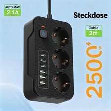 Steckdosenleiste 3-Fach 6 USB Mehrfachsteckdose mit Flachstecker und Schalter 2M