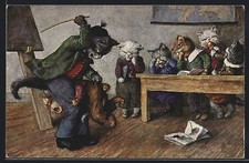 Künstler-AK A. Thiele: Katzenschule, Strenge Zucht, Lehrer Kater vertrimmt Katz 