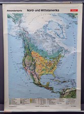 Schulwandkarte Rollbild Nord- und Mittelamerika zweiseitig vintage Poster
