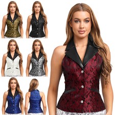 Damen Retro Brokat Weste Leder Revers Tank Top Schlanke Passage Steampunk Weste