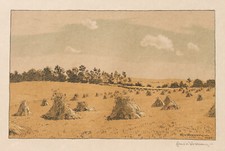 Hans von Volkmann. Sommerlandschaft mit Getreidegarben. Farblithographie.