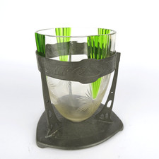 Jugendstil Vase, Glas geschliffen, Zinn-Montur-Halter, wohl Deutschland um 1900